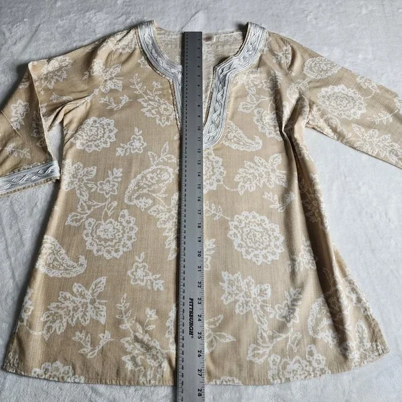 Womens Krazy Kat Lace V Neck Boho Floral Tunic Tan M White Cotton - Picture 13 of 16